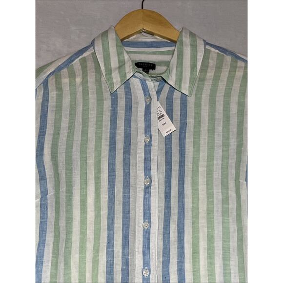 Talbots Linen Shirt Womens MP Striped Blue Green Cropped Boxy Button Up Blouse - Picture 3 of 14